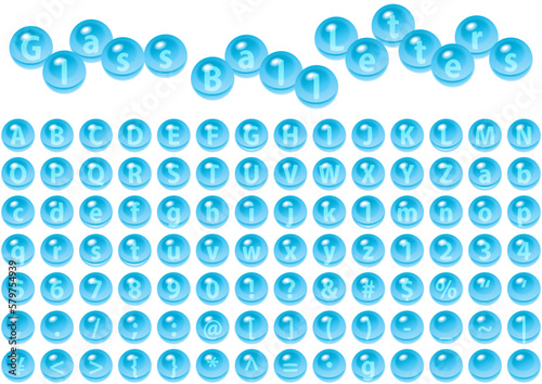 透明な青いガラス玉の中の文字　セット