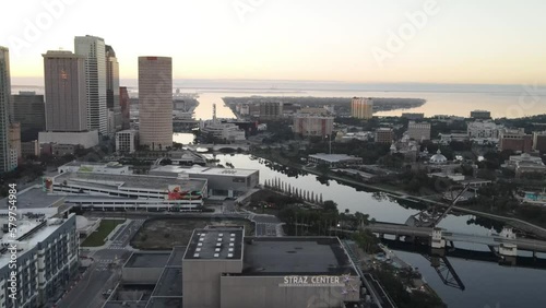 Aerial view of Downtown Tampa, Florida during sunrise. 