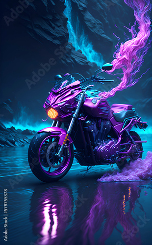 Fotografia Custom motorcycle graphic image in vibrant volumetric pink lighting and with a reflection image at the bottom