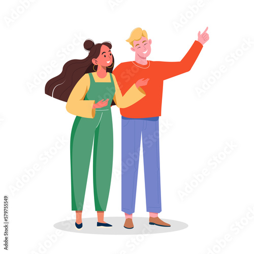 Man and woman stand together and talk. Positive communication between people.Young couple look at each other and are happy. Friends met and embrace. Vector illustration isolated on white background