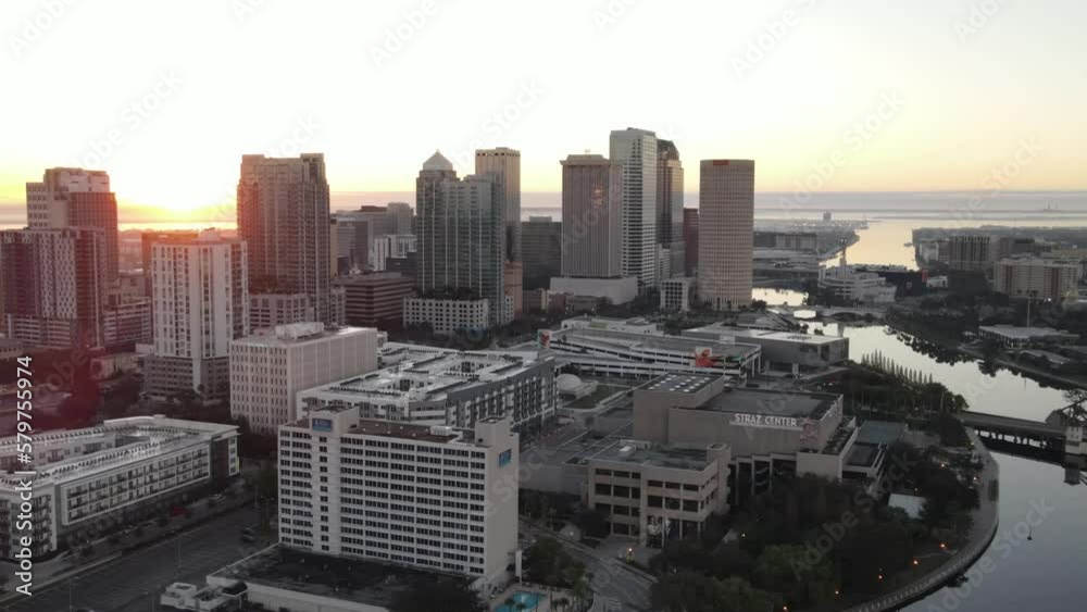 Aerial view of Downtown Tampa, Florida during sunrise. 