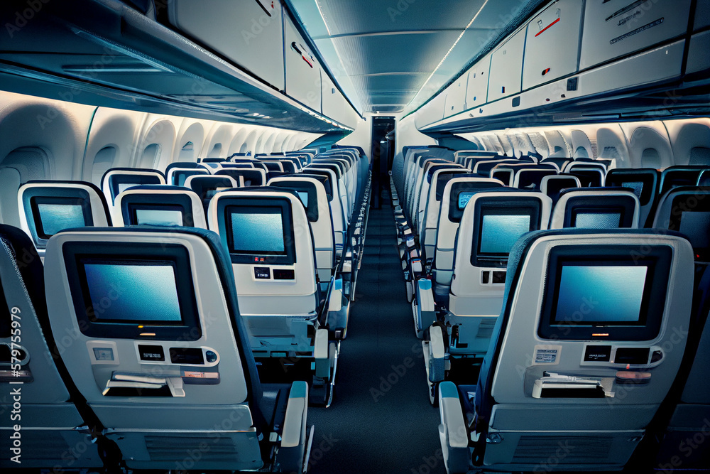 Fototapeta premium Aircraft cabin interior, economy class. Generated by artificial intelligence.