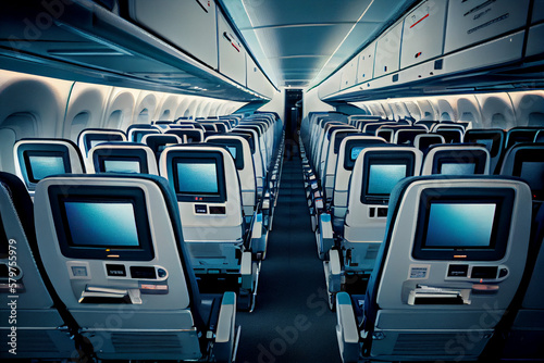 Aircraft cabin interior, economy class. Generated by artificial intelligence.