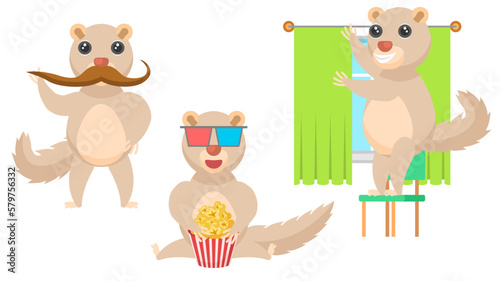 Set Abstract Collection Flat Cartoon Different Animal Tupaia Watching A Movie With Popcorn, Twists His Mustache, Hangs Curtains Vector Design Style Elements Fauna Wildlife
