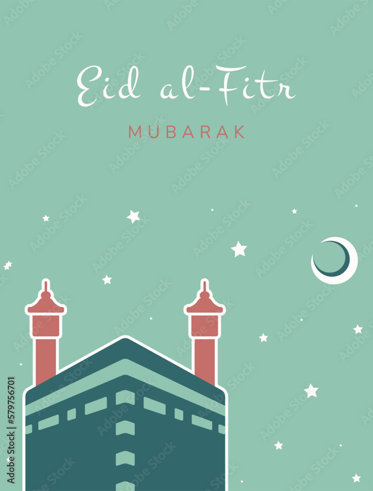 Eid Mubarak. Islamic greeting card with Kaaba on Eid al Fitr. Vector holiday illustration in green colors for greeting card, poster and banner.