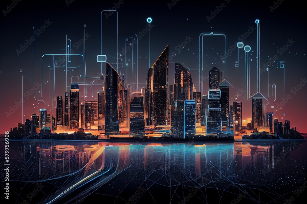 Smart City At Night, Application Development Concept, Smart City, Internet Of Things, Smart Life, Information Technology, Metaverse Connection Technology. Generative AI