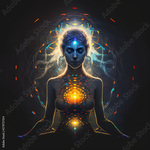 Woman meditating with a glowing aura surounding her. Chakras glowing in her stomac, chest and 3rd eye - AI Generated Illustation Concept photo