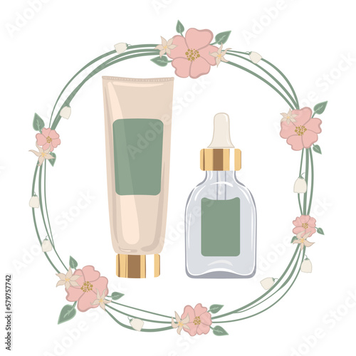 Moisturizing cream and serum with dropper in transparent glass bottle. Vector illustration in floral wreath