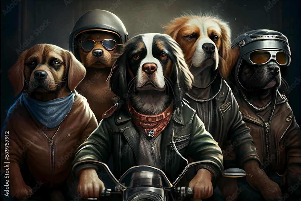 A group of dogs - bikers, dressed in leather jackets. Portrait generated by artificial intelligence.