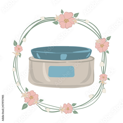 Moisturizing cream in luxury jar. Vector illustration in floral wreath
