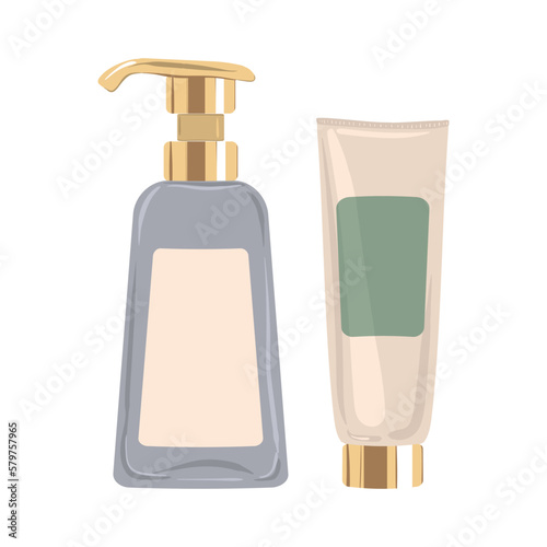 Cosmetic lotion with dispenser and Moisturizing cream in luxury tube. Vector illustration