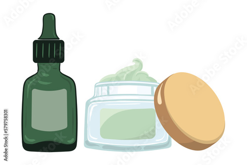 Serum with dropper in green glass bottle and Nourishing green face cream in transparent glass jar. Vector illustration