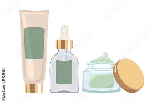 Moisturizing cream, serum with dropper in transparent glass bottle and Nourishing green face cream. Vector illustration