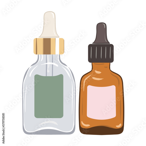 Serums with dropper in green and transparent glass bottles. Vector illustration