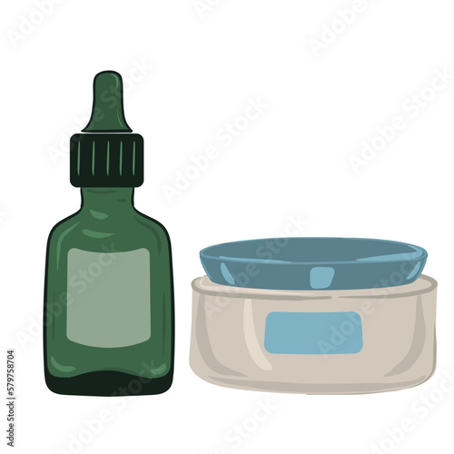 Serum with dropper in green glass bottle and Moisturizing cream in luxury jar. Vector illustration