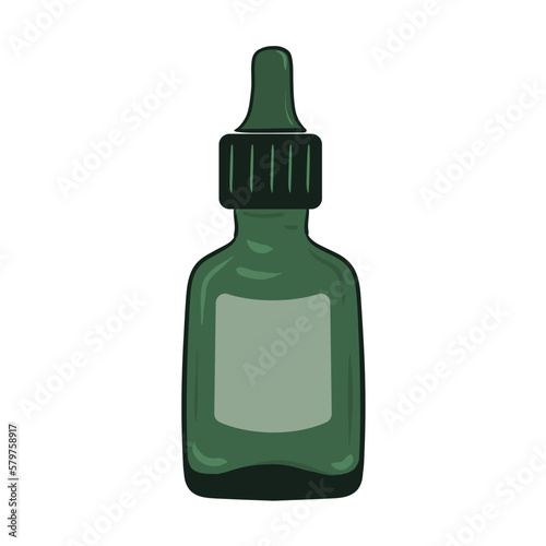 Serum with dropper in green glass bottle. Vector illustration