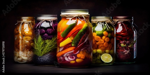 Jars with different canned vegetables on a black background. Glass jars with pickled cucumbers, tomatoes. Jars of pickled vegetables. Canned food in a rustic composition. Generative AI