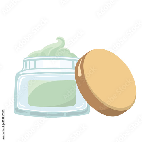 Nourishing green face cream in transparent glass jar. Vector illustration