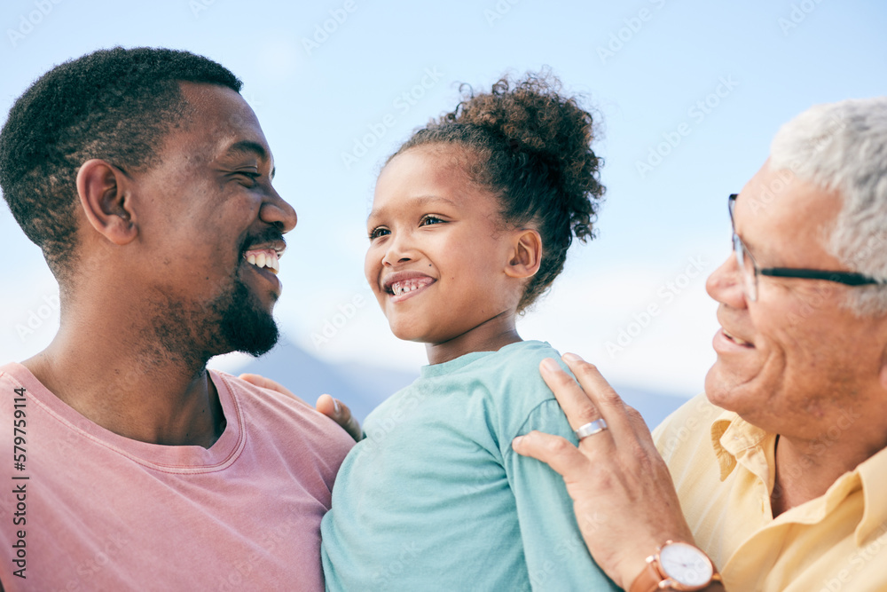 Grandfather, dad and child on beach holiday in South Africa with love
