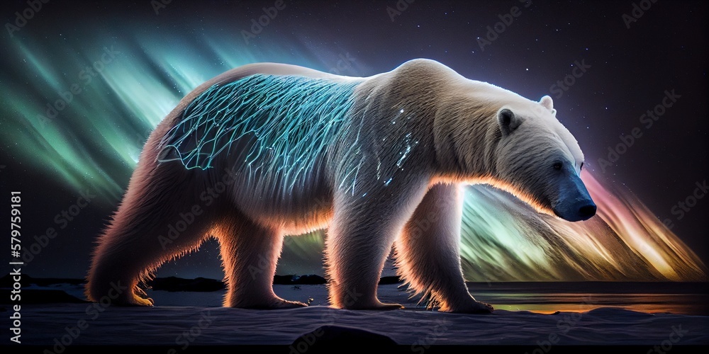 Polar bear and northern lights. Ppolar bear with northern lights inside