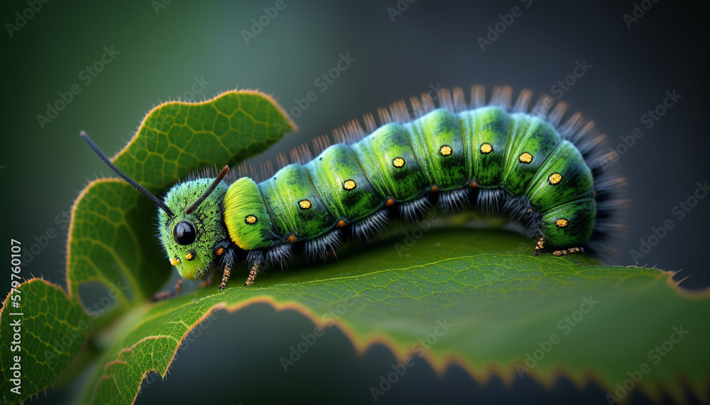 Caterpillar on green leaves, cute little animal, furry creature, animal that lives on trees and plants, Generative AI