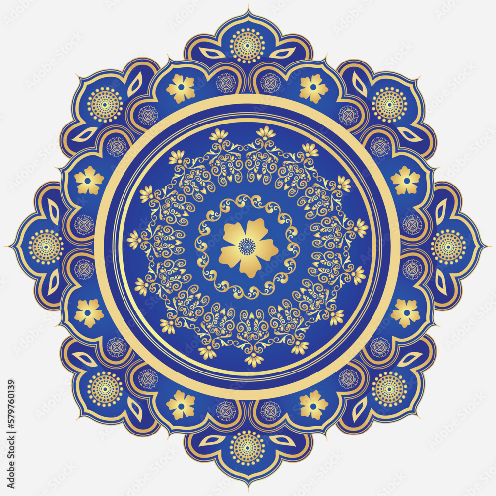 Blue and golden mandala with wavy doodle elements on a white background. Vector image