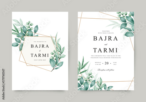 Elegant wedding invitation template with geometric frame and watercolor leaves