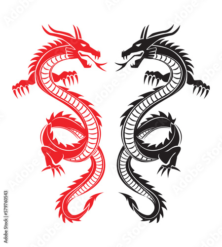Line art vector of Chinese dragon or loong long or lung drawing in red and black
