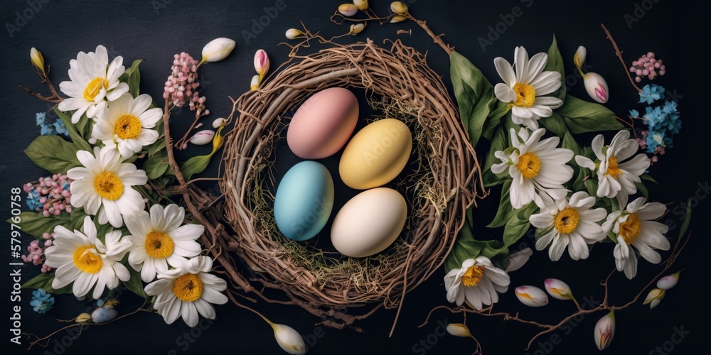 easter eggs, flowers, nest, generative ai, generative, ai