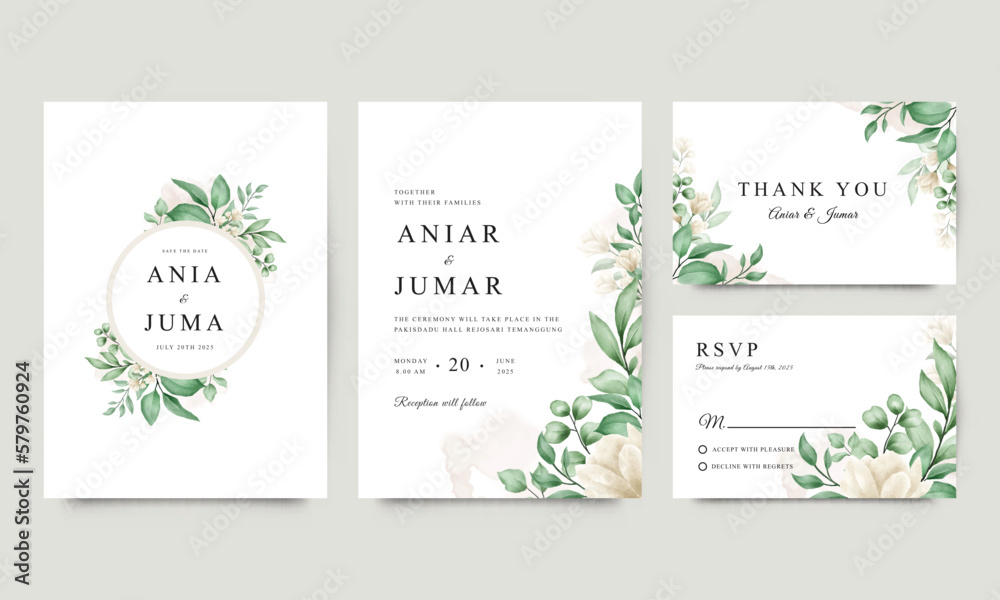 Set of wedding invitations with watercolor floral plants