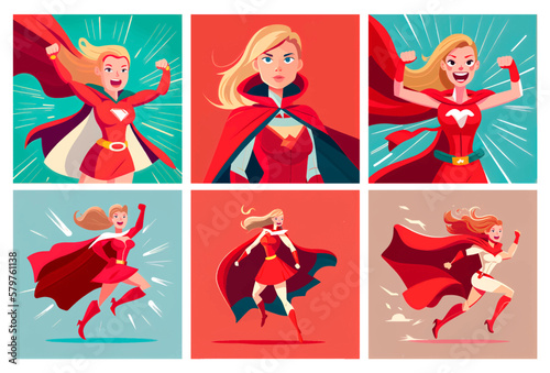 Платно set vector illustration of powerful woman in red hero gown feeling power