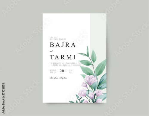 Wedding card template with watercolor purple flowers