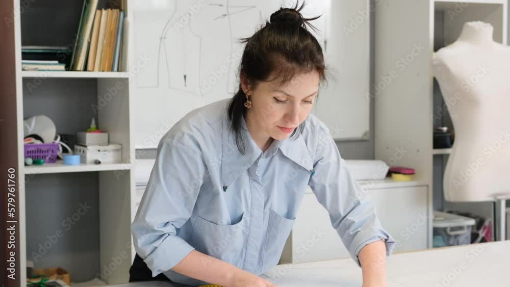 A woman dressmaker uses a ruler and pencil to design a dress according