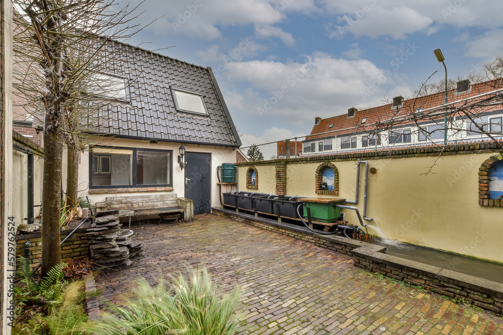 Backyard of brick building with leafless trees Backyard of brick building with leafless trees