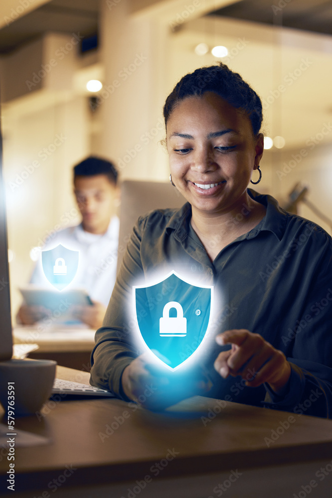 Phone hologram, cybersecurity or night woman with digital banking ...