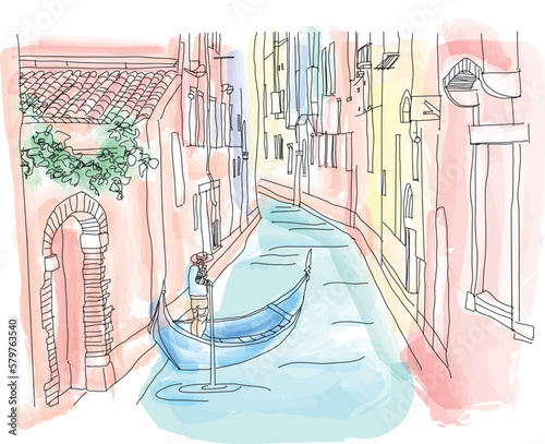 Venetian gondolier punting gondola through green canal waters of Venice Italy, vector illustration for social media, poster, magazine