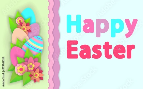 Easter background with spring flowers and eggs. Paper art