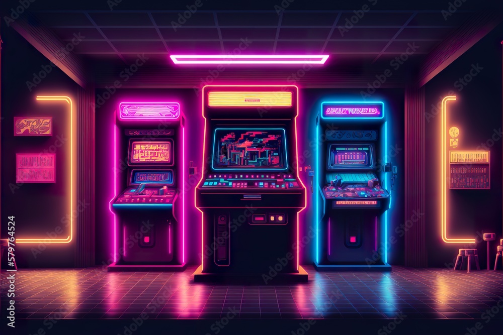 Synthwave slotmachine video game room Ai Generate Stock Illustration