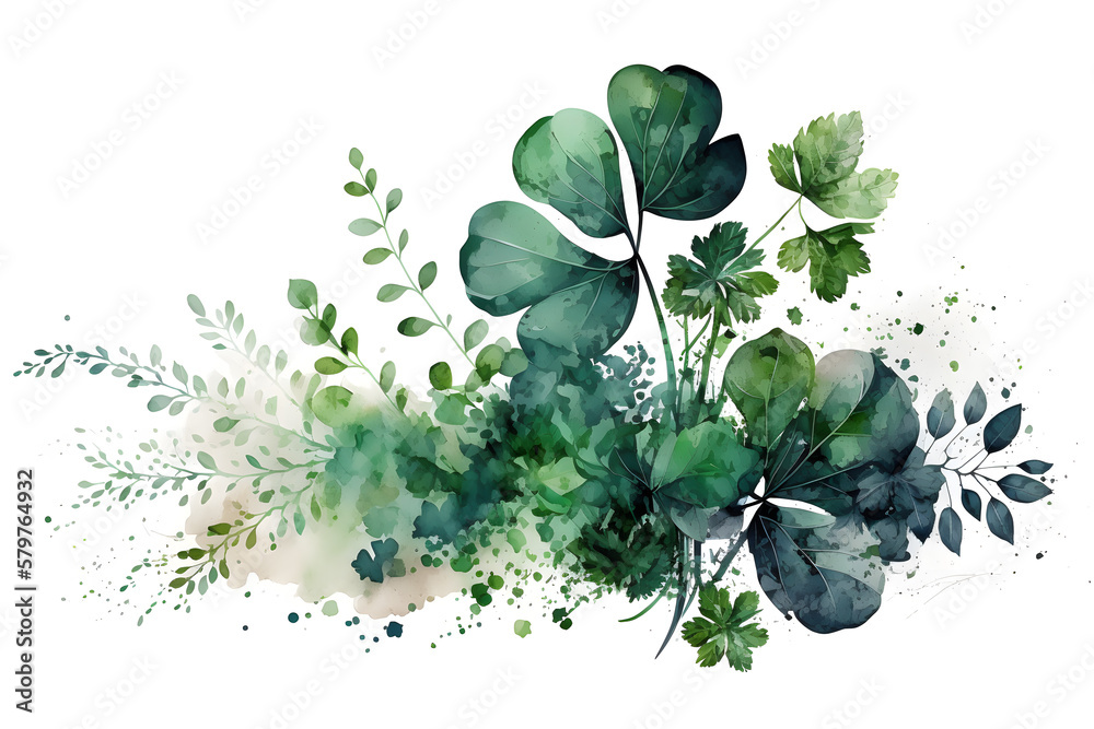 Fototapeta premium St Patrick Day background, green clover leaf, shamrock, watercolor, plants made with Generative AI