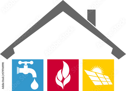 Foto Haus, Wasserhahn, Flamme, Solar, Klempner, Installateur, Logo, Hintergrund