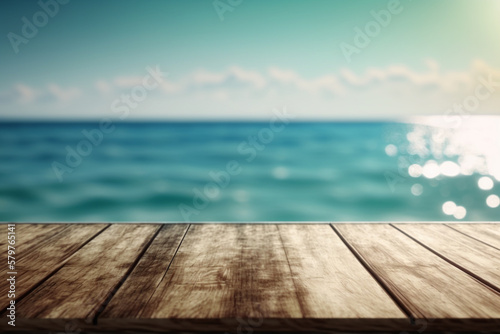 An Empty wooden table top with a blurred view of the ocean landscape in the background, Generative AI