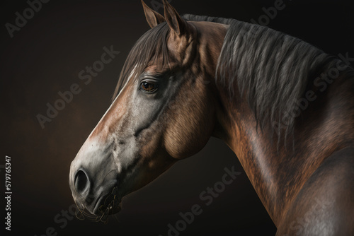 A portrait of a horse in front of a dark background  Generative AI