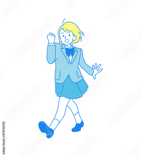 笑顔でガッツポーズをする制服の女の子（女子高生・中学生）