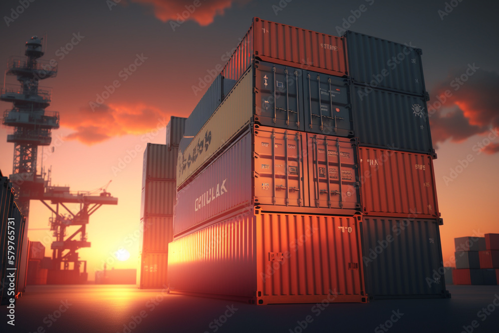 Fototapeta premium The sun is setting behind a large stack of shipping containers, Generative AI