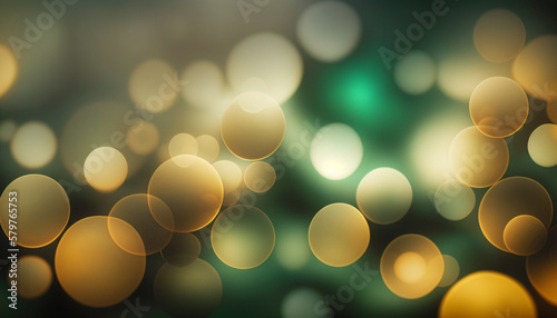 Abstract blurred festive background in gold and green colors with bokeh light. Saint Patrick's day background. photo