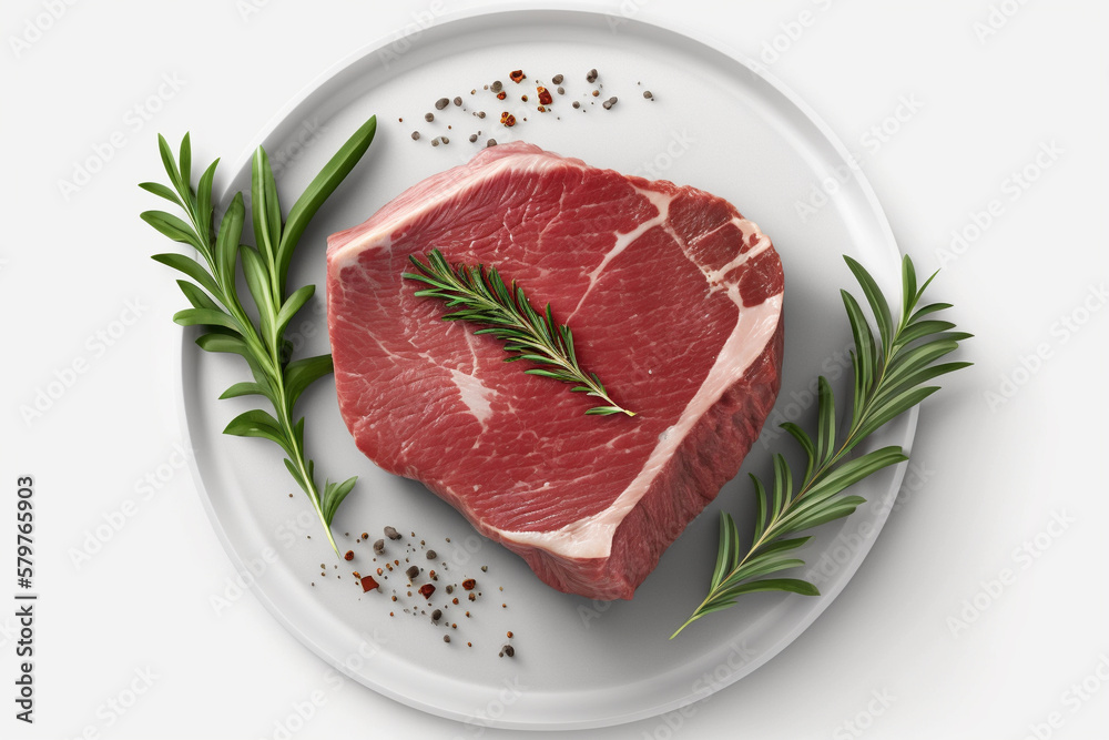 A piece of meat on a plate with herbs, Generative AI