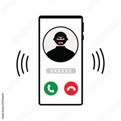 Fraud phone call. A telephone fraudster deceives and steals money and cards through smartphone calls. Thief, hacker and criminal are calling. vector illustration