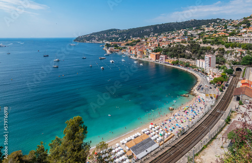 Villefranche-Sur-Mer  France. Aerial view of beach Marinieres and coast landscape. 