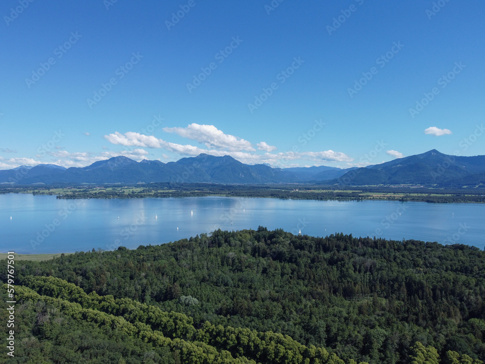Mountain landscape, picturesque mountain lake in the summer morning, large pano