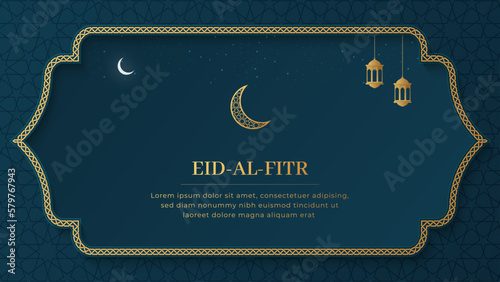 Eid-Al-Fitr Islamic Arabic Blue Luxury Background with geometric Pattern and Lanterns